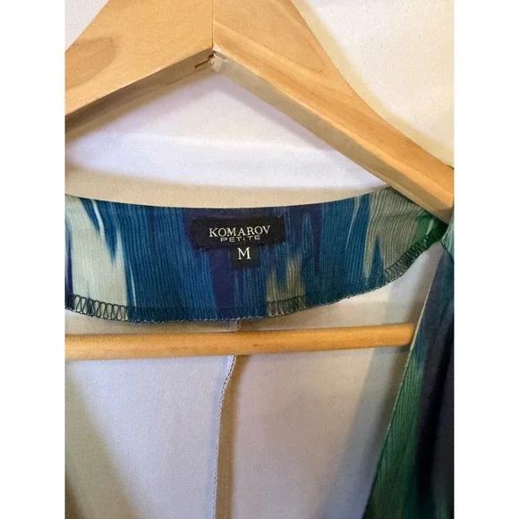 Komarov Petite Abstract Ikat Print Wrap Dress Blue Green Medium PM - Picture 3 of 4
